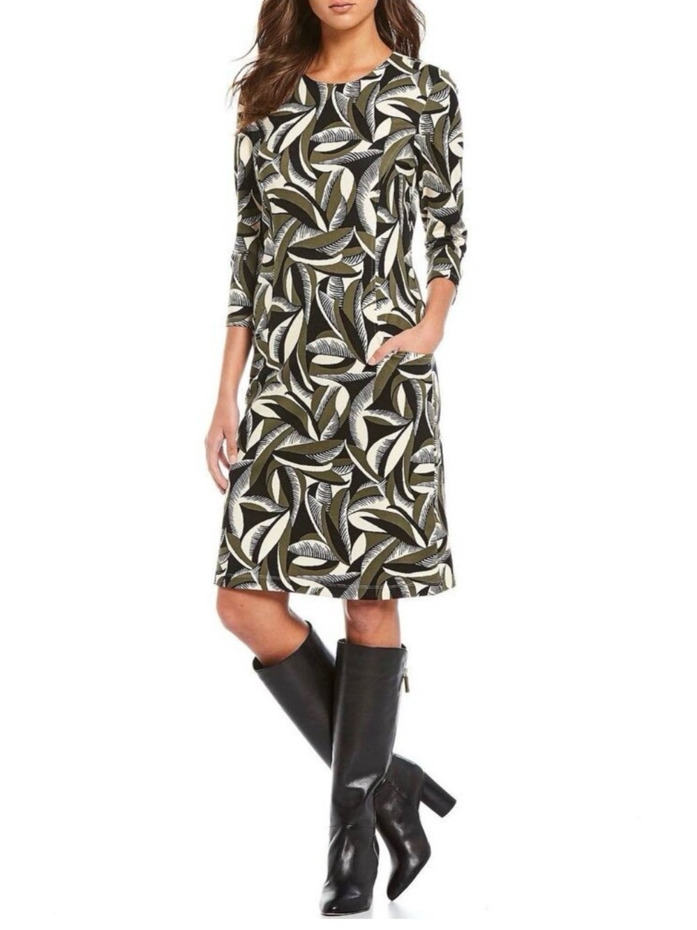 J McLaughlin Catalyst Pop Feather-Print 3/4 Sleeve Sheath Dress with pockets